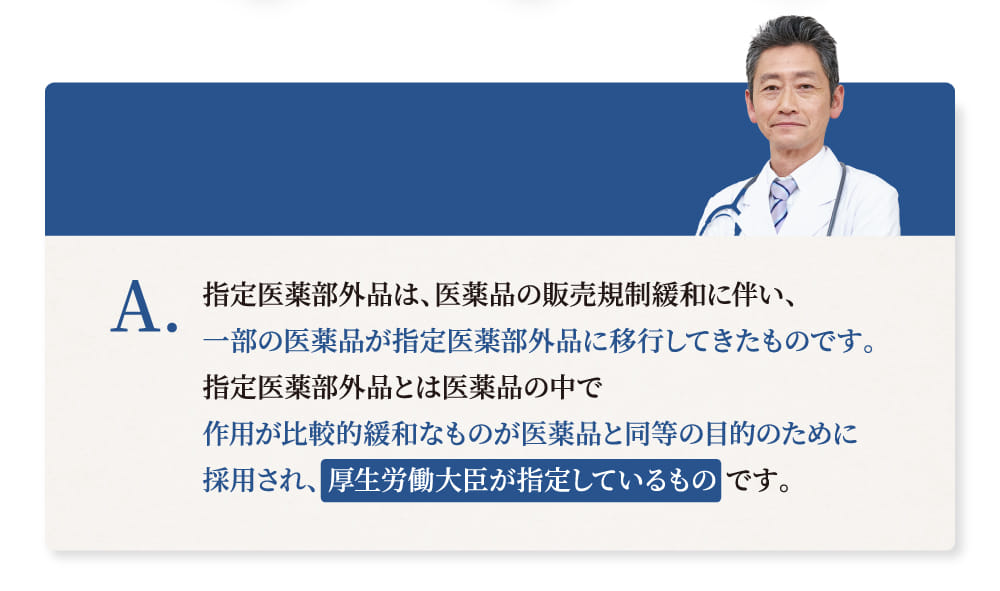 指定医薬部外品は、医薬品の販売規制緩和に伴い、一部の医薬品が指定医薬部外品に移行してきたものです。指定医薬部外品とは医薬品の中で作用が比較的緩和なものが医薬品と同等の目的のために採用され、厚生労働大臣が指定しているものです。